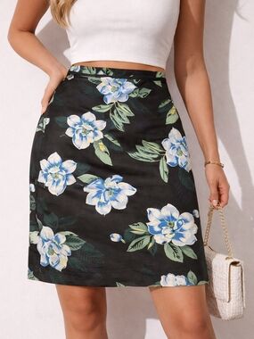 Banana Republic Linen Blend Floral Skirt A-Line Black Blue White Midi